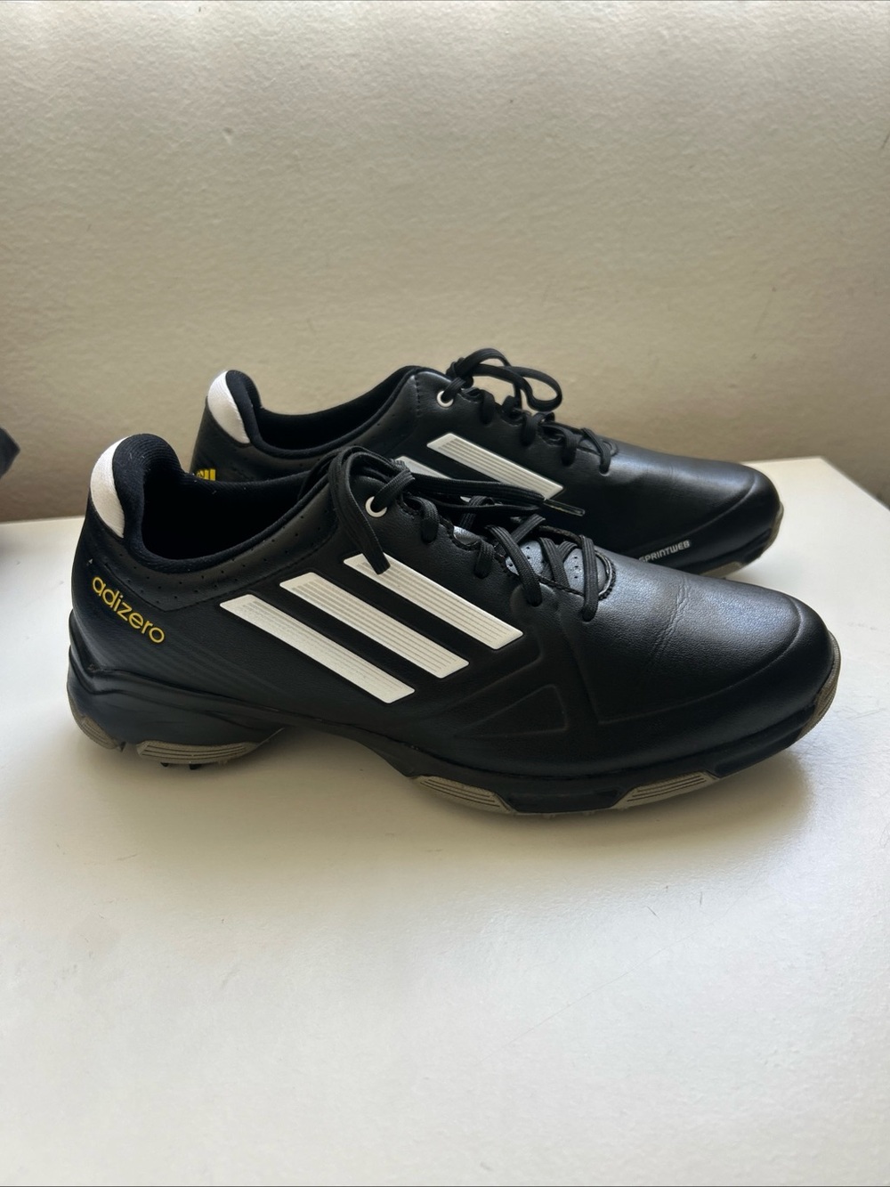 Adidas Adizero Men's Golf 8 1/2 Black Athletic Sneakers with White Stripes